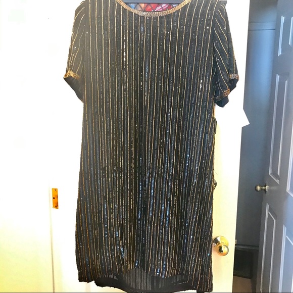 Boston Proper Black and Gold Striped Dress - Picture 3 of 8